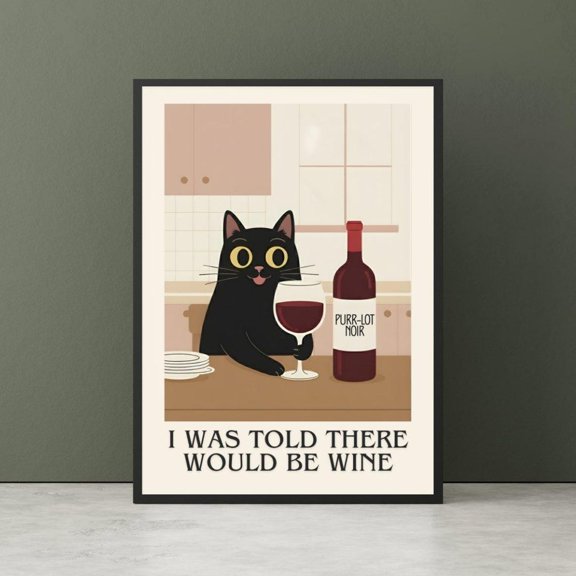 Black Cat Wine Mid Century Modern Bar Accent Wall Art Unframed Paper Print