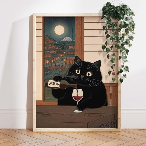 Black Cat Wine Print Japanese Ukiyo-E Wall Art Home Decor Office Wall ...