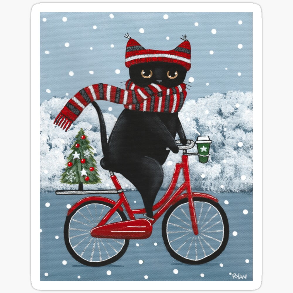 Black Cat Winter Bicycle Ride Sticker Phone Decal Water Bottle Stickers ...