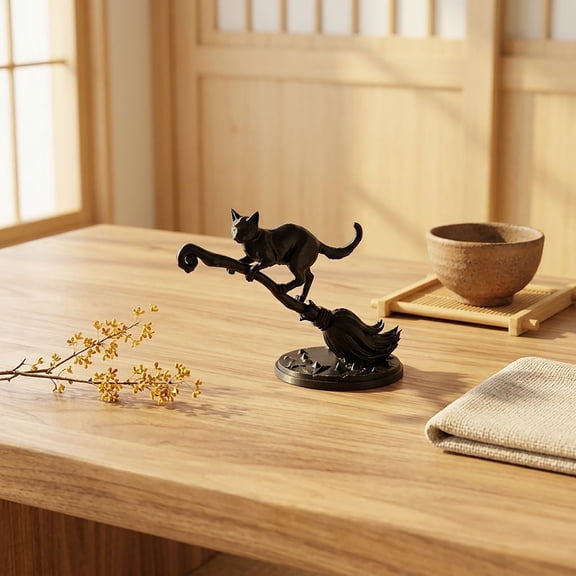 Black Cat on Witch Broom Figurine, Gothic Witchy Sculpture Statue, Mini Halloween Tabletop Ornament, Resin Desktop Decor for Shelf, Desk, Home Party Decorations