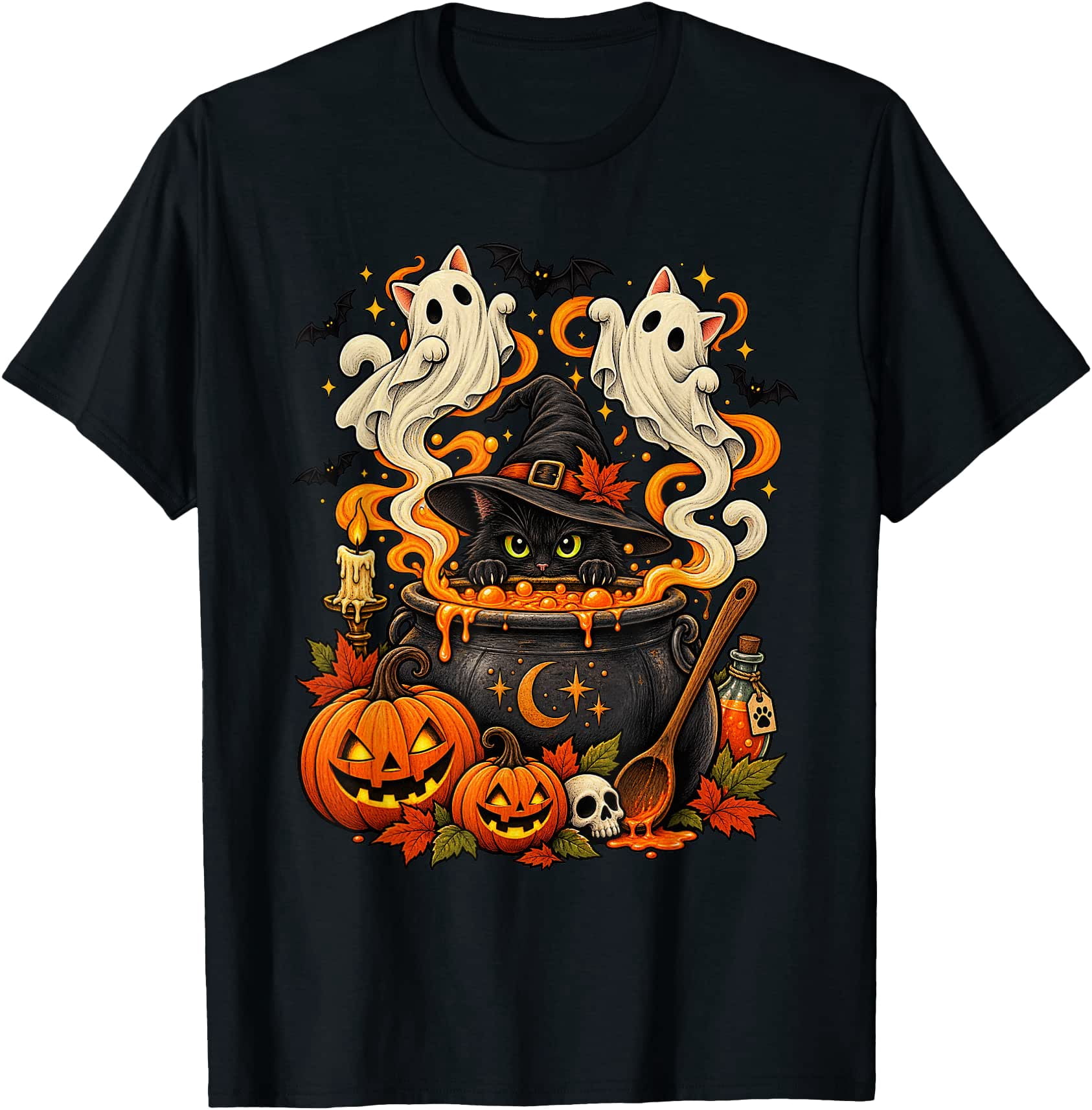 Black Cat Witch Cauldron Ghost Bat Pumpkin Halloween Art T-Shirt ...