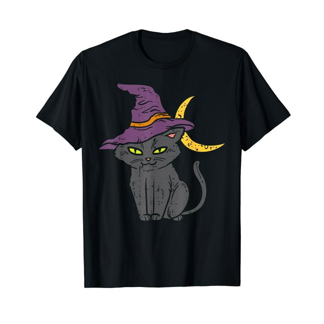 Black Cat Witch Hat Moon Funny Halloween Animal Pet Kitten T-Shirt ...