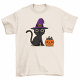 thumbnail image 1 of Black Cat Witch Hat Trick Or Treat Halloween T-Shirt Cute Kitty Cat Tee, 1 of 2