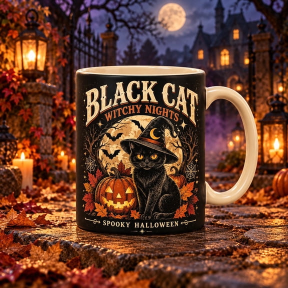 Black Cat Witch Mug, Spooky Halloween Coffee Cup for Gothic Feline Lovers