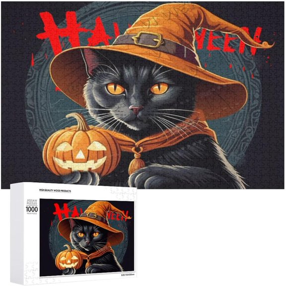 Black Cat Witch Novelty Wood Sign Happy Halloween Decor Halloween Decorations 1000 PCS Wood Puzzles for Adults 30.7"x20.8"