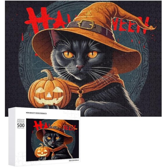 Black Cat Witch Novelty Wood Sign Happy Halloween Decor Halloween Decorations 500 PCS Wood Puzzles for Adults 21.7"x16.1"