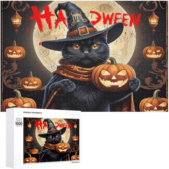 Black Cat Witch Retro Halloween Wood Sign 500 Piece Jigsaw Puzzle 20.5"x15" Vintage Spooky Wall Decor