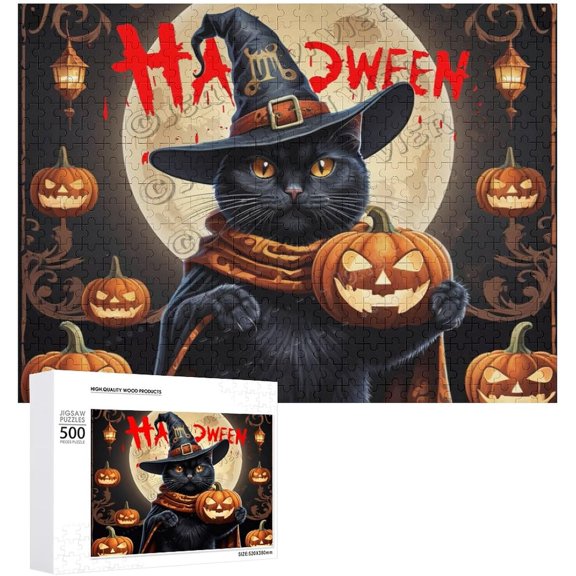 Black Cat Witch Retro Wood Sign Happy Halloween Decor Halloween Decorations 500 PCS Wood Puzzles for Adults 21.7"x16.1"