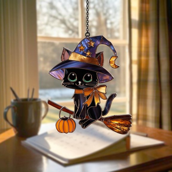 Black Cat Witch Suncatcher Halloween Window Hanging Cute Broom Pumpkin Decor Fall Ornament