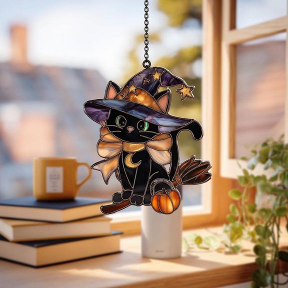 Black Cat Witch Suncatcher Halloween Window Hanging Cute Broom Pumpkin Decor Fall Ornament