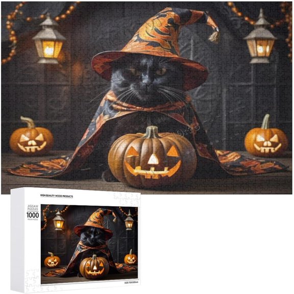 Black Cat Witch Unique Wood Sign Happy Halloween Decor Halloween Decorations 1000 PCS Wood Puzzles for Adults 30.7"x20.8"