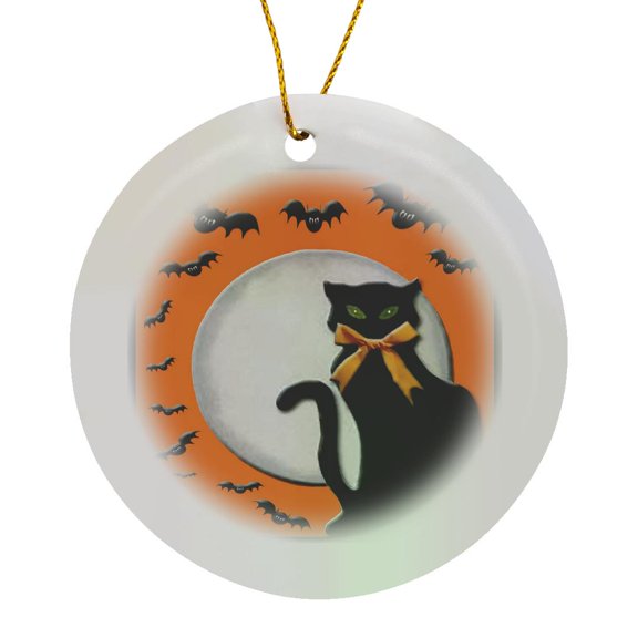 3drose, Black Cat with Bats, Circle Porcelain Ornament