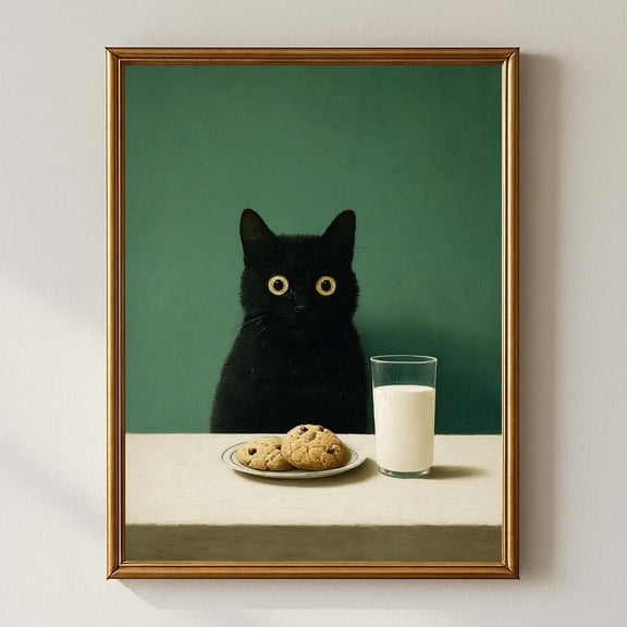 Black Cat With Milk And Cookies Wall Art, Whimsical Cat , Cozy Kitchen Decor, Minimalist Animal, Cat Lover Home Decor #836, Unframed Poster Size 8x12
