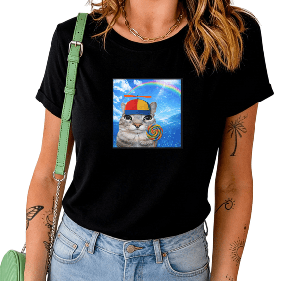 Black Cat With Propeller Hat Lollipop Rainbow Graphic Print Tshirt Graphic Tees Shirts Whimsical Colorful Casual Tops S-5XL