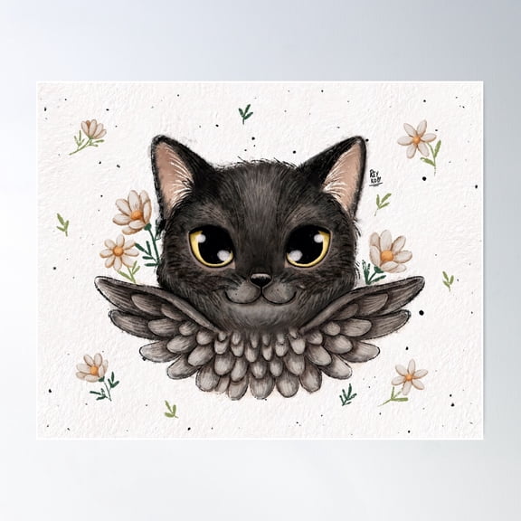 Black Cat With Wings - Magic Kitten Surrounded By Daisy Flowers Poster Wall Art, Modern Wall Decor For Living Room Bedroom, 24x36 UNFRAMED
