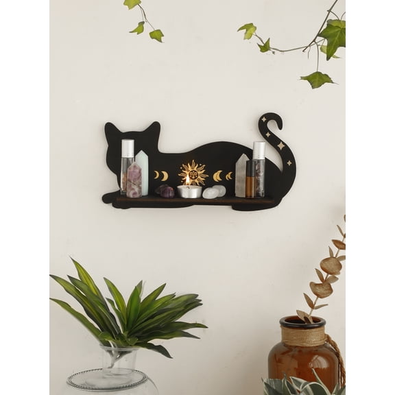 Black Cat Wooden Shelf Moon Phase Floating Shelf Chakra Crystal Holder Stone Display Stand Wall Decor Witchy Home Decorations
