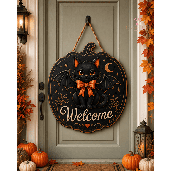 Black Cat Wooden Sign Pumpkin Door Hanger Welcome Halloween Gift for Cat Lovers