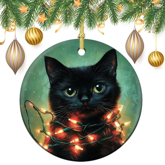Black Cat Wrapped in Christmas Lights Ceramics Ornaments Winter Holiday Cat 3" Ceramic Christmas Ornament Christmas Home Office Tree Decorations Xmas Gift