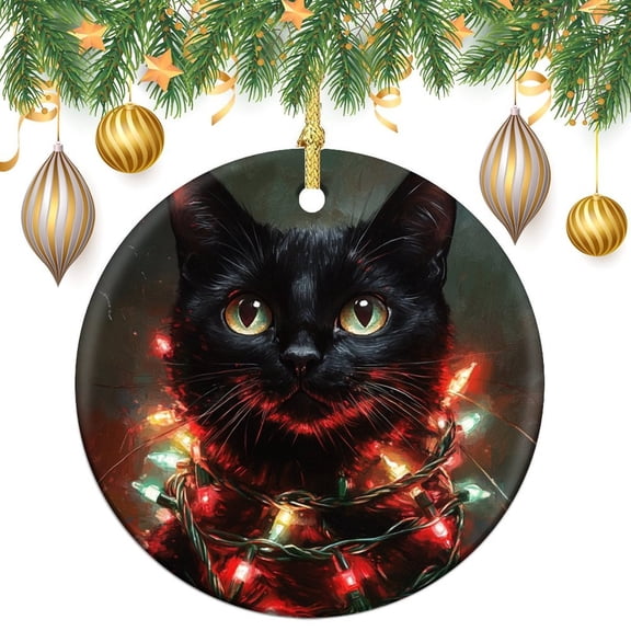 Black Cat Wrapped in Christmas Lights Christmas Ornament Xmas Merry Christmas Customized Round Ceramic Ornament Keepsake Funny Christmas Hanging Tree Decor Ornament Ornament Xmas Present