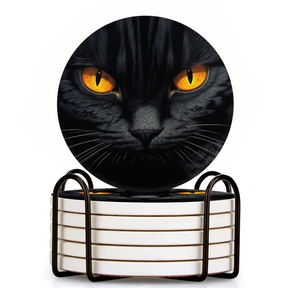 Black Cat With Yellow Eyes With Dark Background Set of 6 Ceramic Coasters with Holder, Absorbent Drink Bar Coasters, Table Coasters for Living Room Decor Tabletop Protection