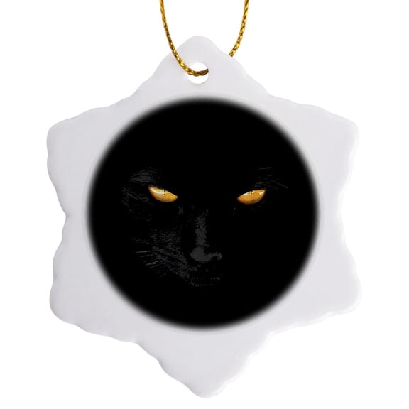 3drose, Black Cat, Yellow Eyes, Gold on the Black Velvet. Black Magic, 3 inch Snowflake Porcelain Ornament