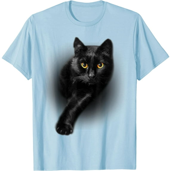 Black Cat Yellow Eyes Unisex T-Shirt for Men Women Kids Toddler,Light Blue Color,Size L