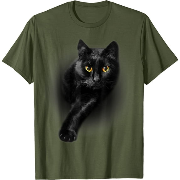 Black Cat Yellow Eyes Unisex T-Shirt for Men Women Kids Toddler,Military Green Color,Size L