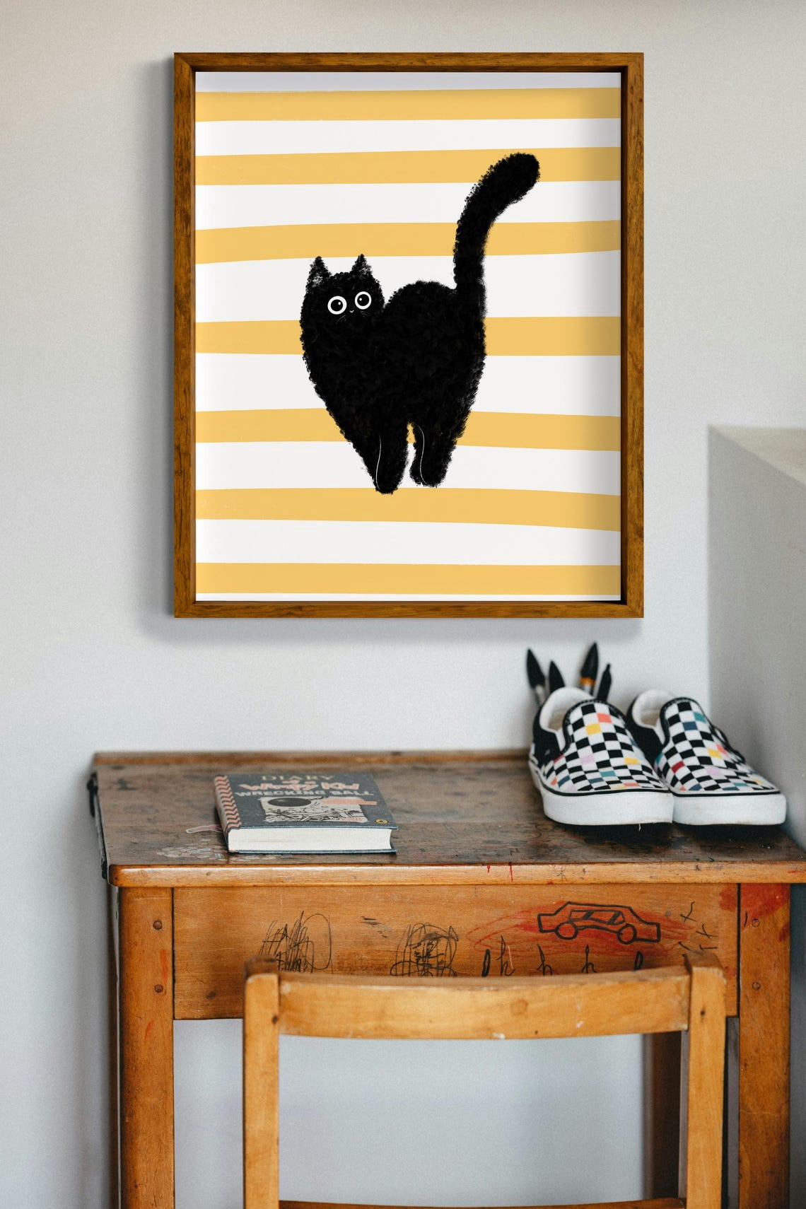 Sytiped Background Black Cat Yellow Stripe Background Cute Kawaii Nursery Room Poster Wall ...