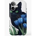 Black Cat and Blue Tulips Tough Phone Case, Dual-Layer Polycarbonate ...