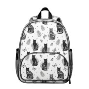 Black Cat and Butterfly White Pattern Backpack for School, Cute School Bag with Adjustable Shoulder Straps and Padded Back, 13.8"x11.4"x6"