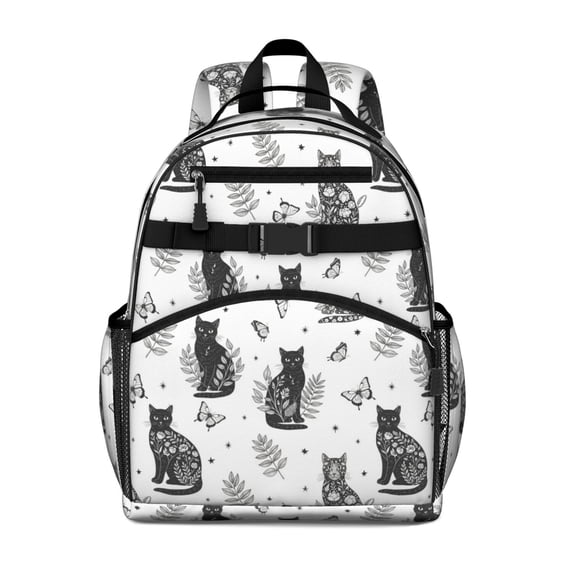 Black Cat and Butterfly White Pattern Backpack for School, Cute School Bag with Adjustable Shoulder Straps and Padded Back, 15.25"x11.5"x5.25"