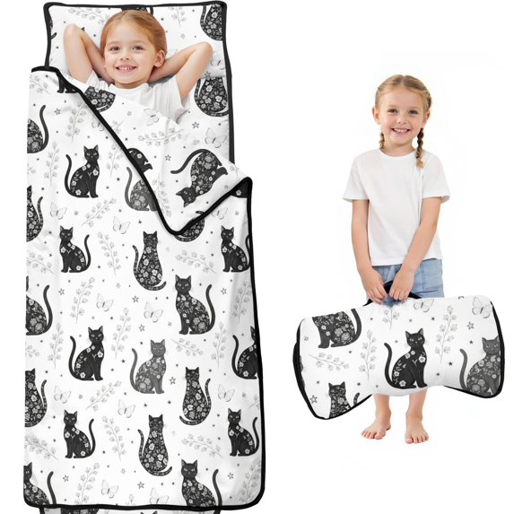 Black Cat and Butterfly White Pattern Teens Toddler Nap Mat with Pillow, Sleeping Mat Bag for Preschool Daycare 59"x22"