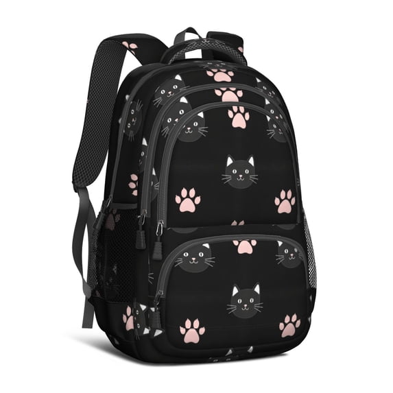 Black Cat and Dog Paw Print Black Pattern Backpack for School, Cute School Bag with Adjustable Shoulder Straps and Padded Back, 16.9"x12.6"x5.9"