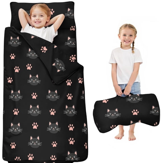 Black Cat and Dog Paw Print Black Pattern Teens Toddler Nap Mat with Pillow, Sleeping Mat Bag for Preschool Daycare 51"x22"