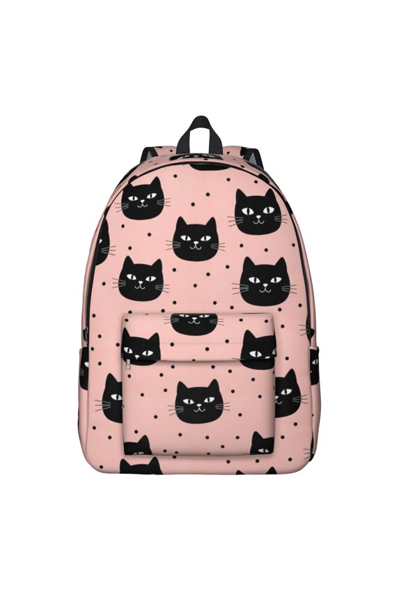 Black Cat and Dot Pink Pattern Backpack for School, Cute School Bag with Adjustable Shoulder Straps and Padded Back, 15.7"x11.8"x5.5"