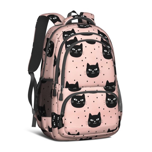 Black Cat and Dot Pink Pattern Backpack for School, Cute School Bag with Adjustable Shoulder Straps and Padded Back, 16.9"x12.6"x5.9"