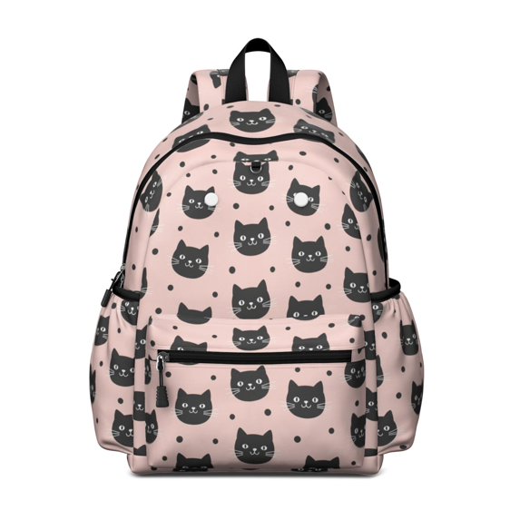 Black Cat and Dot Pink Pattern Cute School Backpack with Padded Back and Adjustable Shoulder Straps 13.4"x11"x4.7"