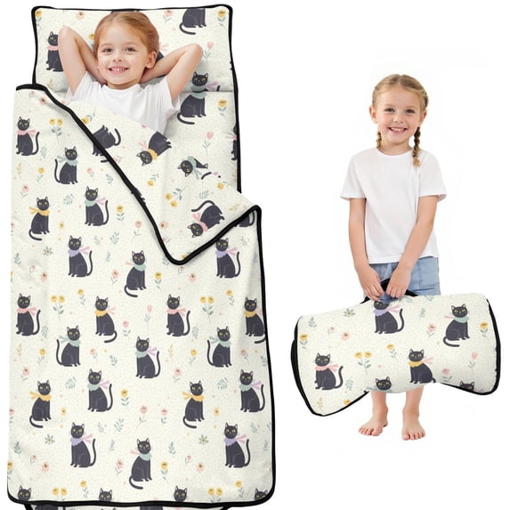 Black Cat and Flower Beige Pattern Teens Toddler Nap Mat with Pillow, Sleeping Mat Bag for Preschool Daycare 51"x22"