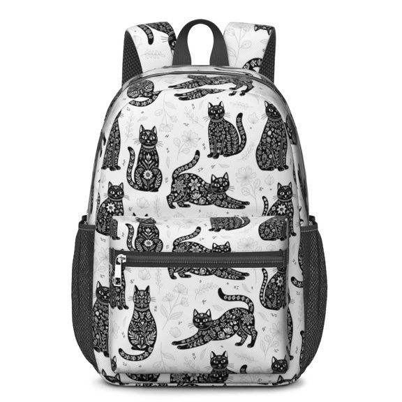 Black Cat and Flower White Pattern 17" School Backpacks for Teens,Waterproof Oxford Fabric,S-Shape Padded Straps for School,Travel,Hiking,Camping