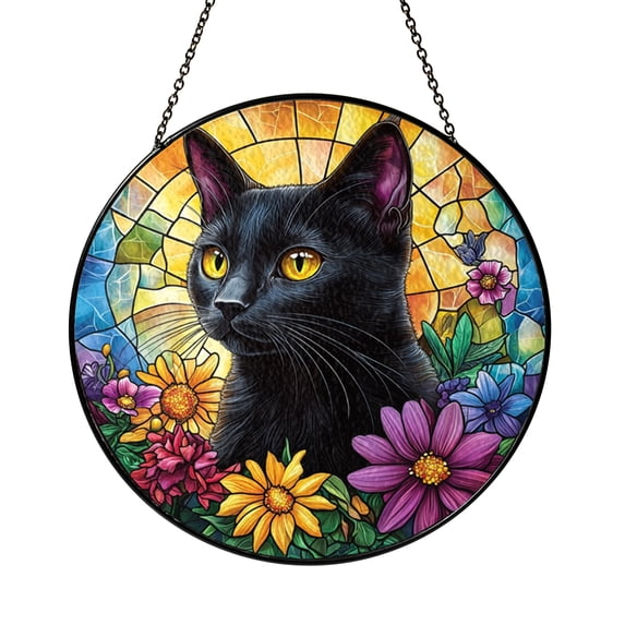Black Cat and Flowers Stained Glass Suncatcher, Decorative Cat Window ...