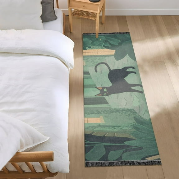 Black Cat and Green Town Bedroom Runner Rug 2'x 6' Non Slip Carpet Indoor Home Area Rug Living Room