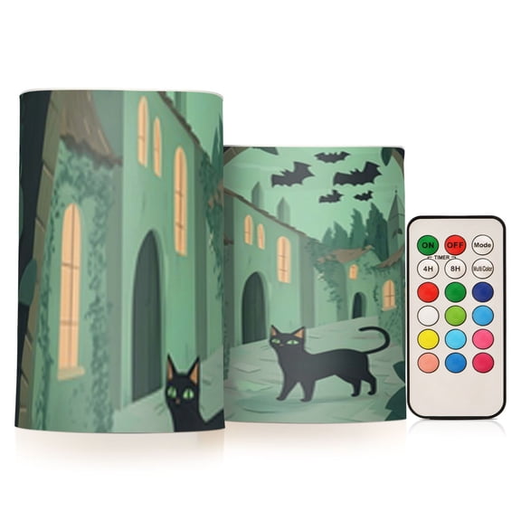 Black Cat and Green Town Flickering Flameless Candles Battery Operated with Remote Timer LED Pillar Candles Set of 2