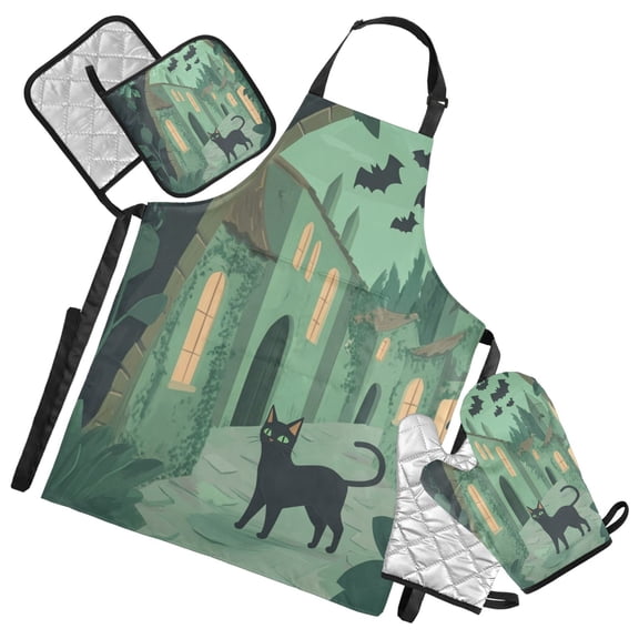 Black Cat and Green Town Oven Mitts and Pot Holders with Chef Apron Set 5 Pcs Kitchen Cooking Set