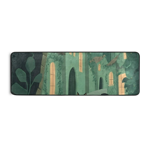 Black Cat and Green Town Runner Rug for Hallways Kitchen Non Slip 2'x 6' Washable Hall Carpet for Bedroom Entryway Laundry Room