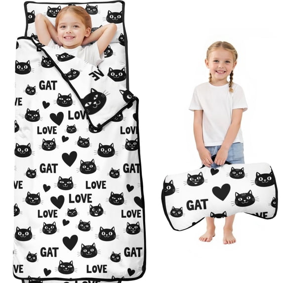 Black Cat and Heart White Pattern Kids Nap Mat, Daycare Sleep Mat with ...
