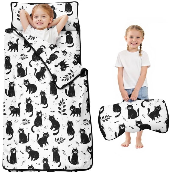 Black Cat and Leaf White Pattern Teens Toddler Nap Mat with Pillow, Sleeping Mat Bag for Preschool Daycare 50"x20"