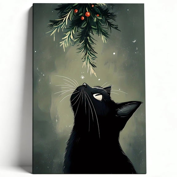 Black Cat and Mistletoe Canvas Wall Art Whimsical Winter Kitten Painting Christmas Holiday Home Decor Print Ready to Hang 8*12