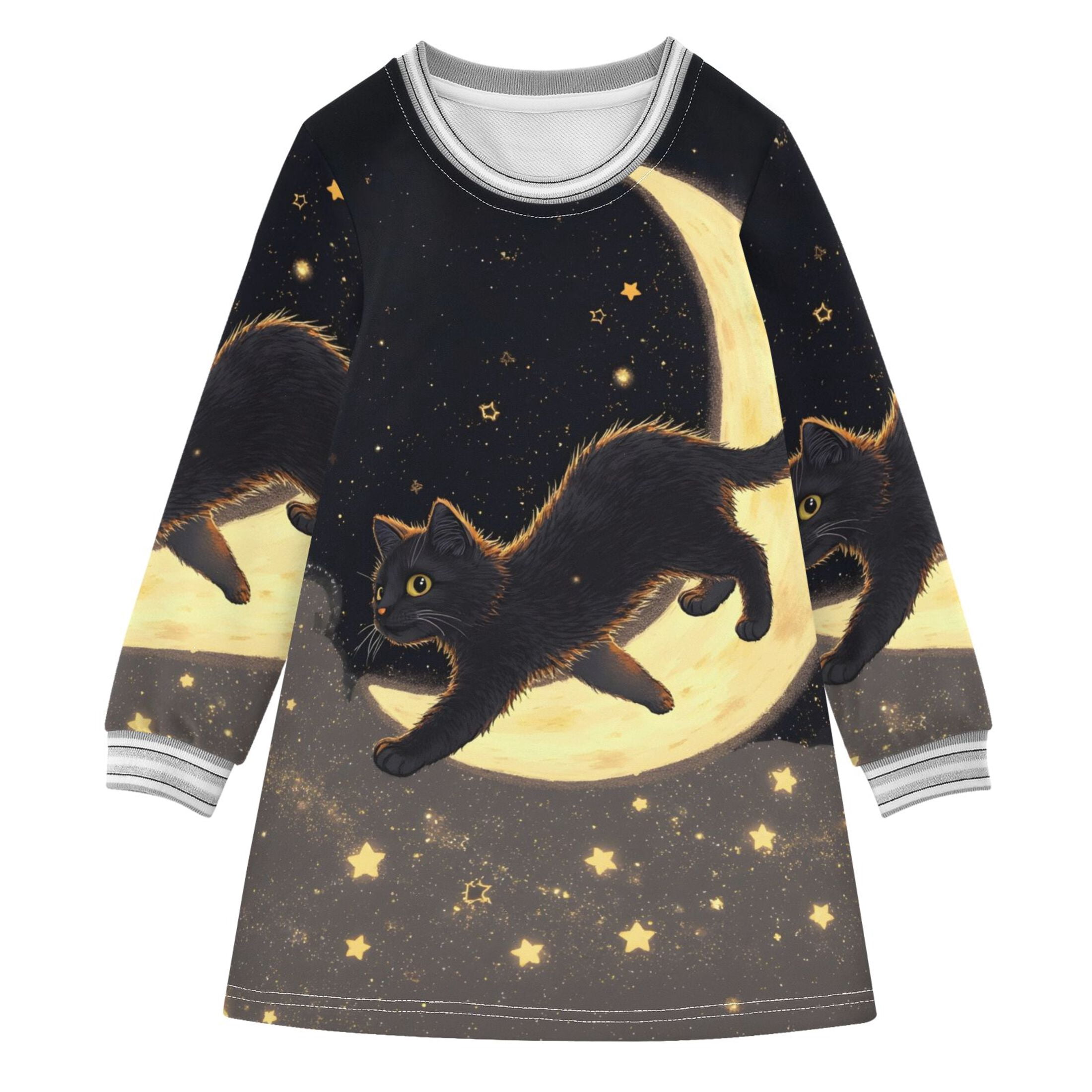 Black Cat and Moon Girls'long-sleeved dress Thickened A-dress Warm ...