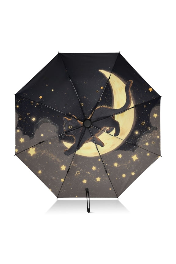 Black Cat and Moon Umbrella Folding Sun Umbrella Travel Auto Open Close Large UV50+ 40in