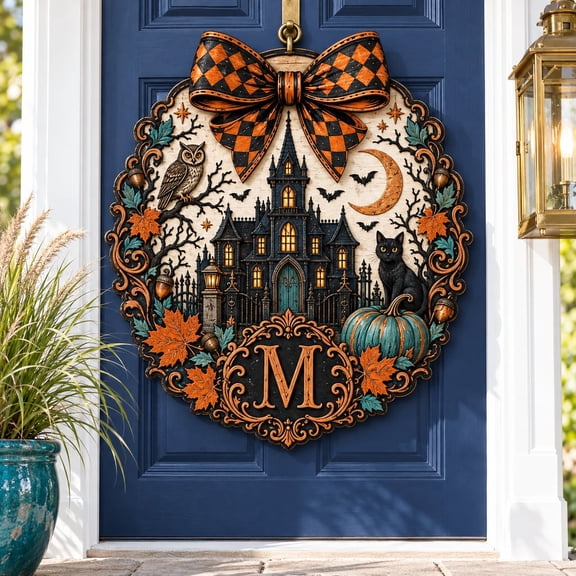 Black Cat and Owl Monogram Wooden Sign, Halloween Door Hanger for Victorian Haunted House Fall Porch Decor